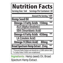 Load image into Gallery viewer, Nutrition Facts 25mg Broad Spectrum CBD Oil in Hemp Oil